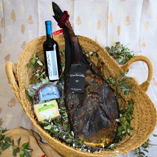 Lote Tesoro de la Dehesa con paleta de bellota ibérica 50 % raza ibérica, quesos de cabra y vino tinto